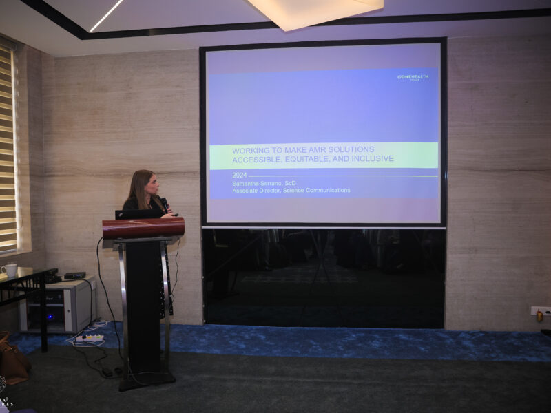 Dr Samantha Serrano presenting on making AMR solutions accessible, equitable and inclusive 
