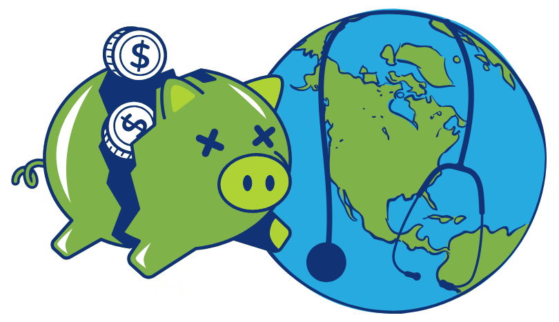 Broken piggy bank with US coins over planet earth, oriented over the united states with a stethascope hanging over the globe