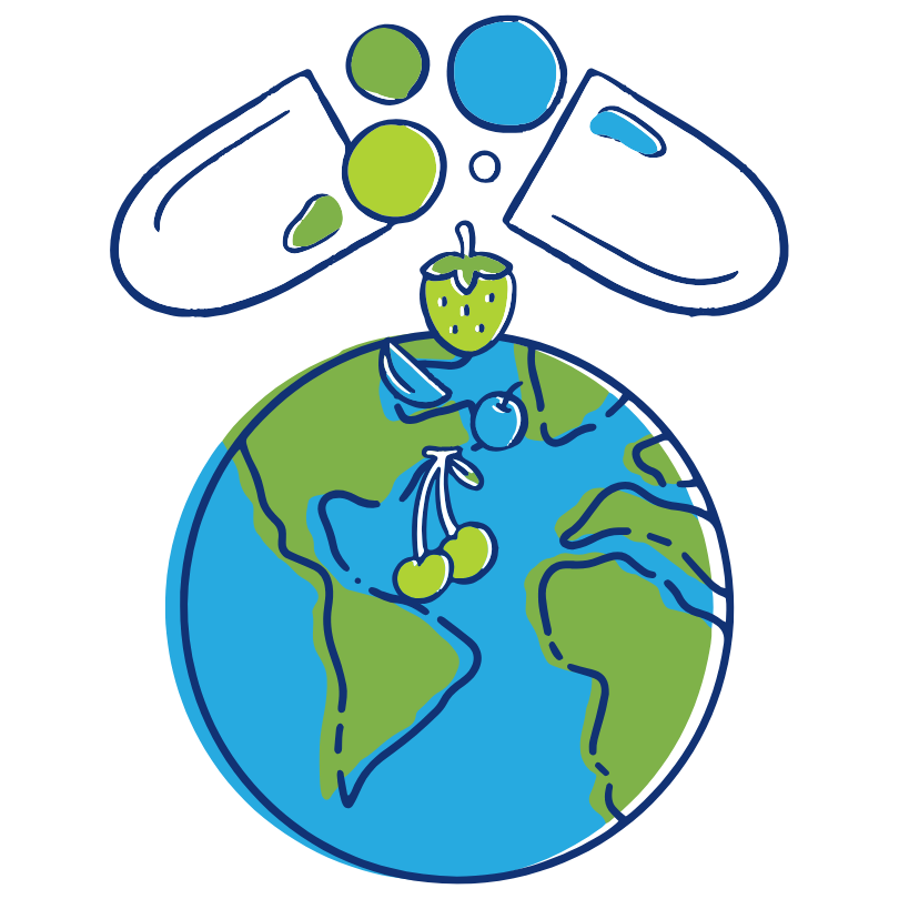 Image of a pill opening up with fruits falling out sprinkling over an animation of planet earth