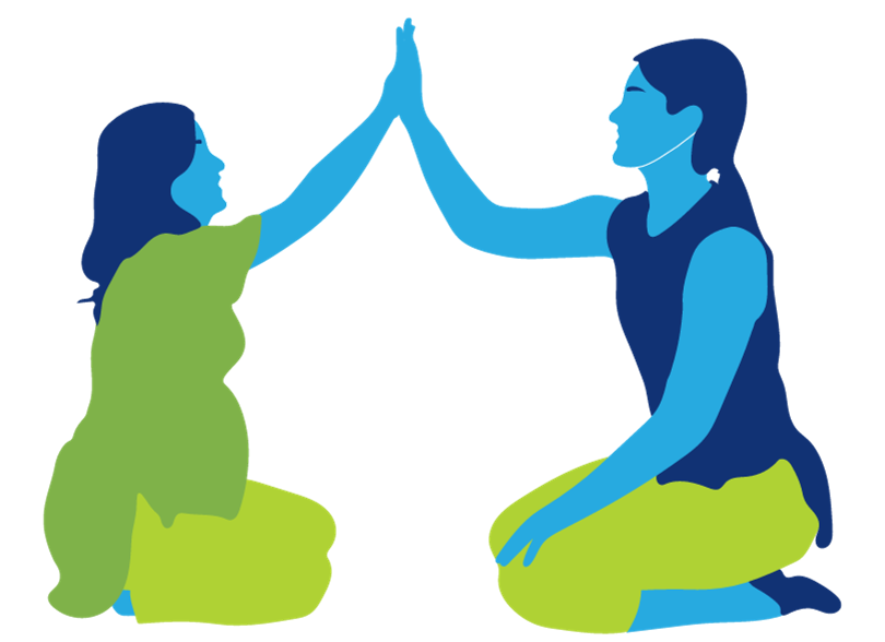 Pregnant woman touching the hand of another woman