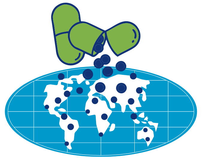 pill opening over a map of the world