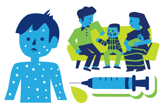 Boy with measles, with people having a conversation in the back ground, and a vaccine syringe.