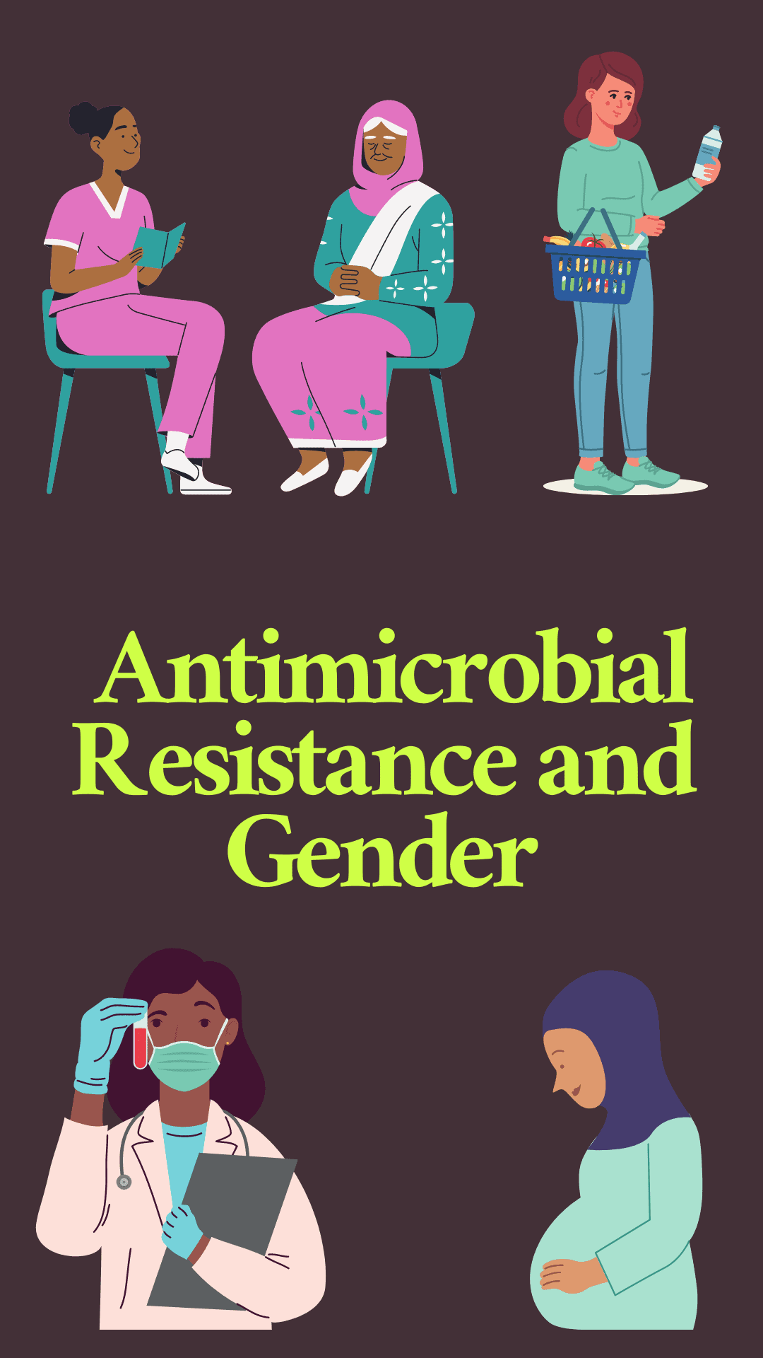 Text: Antimicrobial Resistance and Gender, Image: Women performing diverse task as a nurse, shopping for food, and conducting scientific research. A pregnant woman.